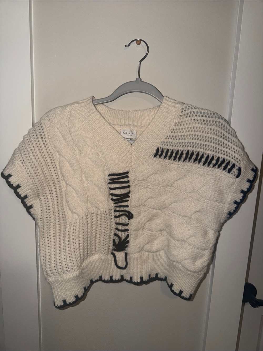 Le Lis Cream Cable Knit V-Neck Sweater with Black Trim